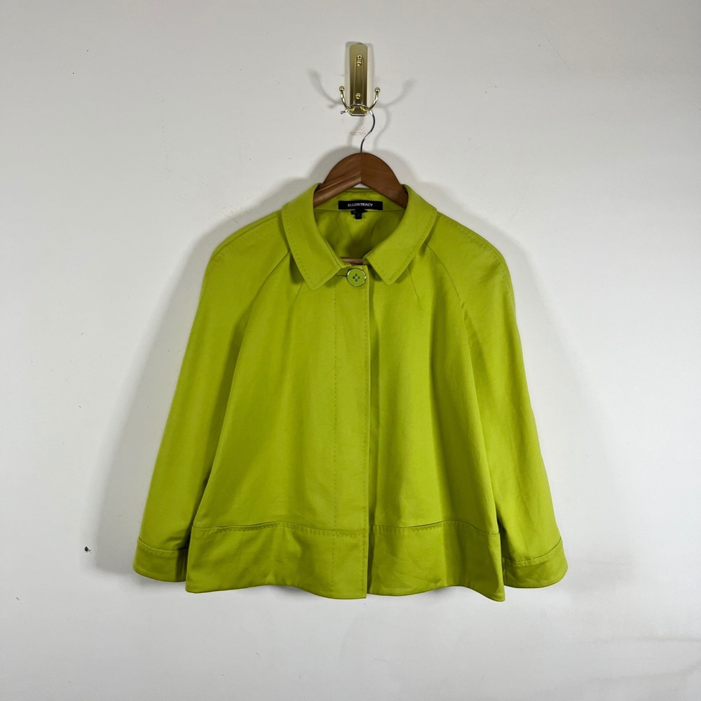 Ellen Tracy Chartreuse Green Cropped Cape Jacket Boxy Fit 3/4 Sleeves Womens 6